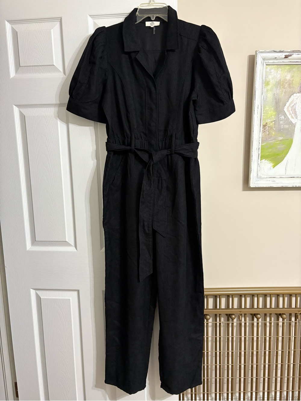 Entro Black Pleated Corduroy Puff Sleeve Belted Wide Leg Jumpsuit Size L